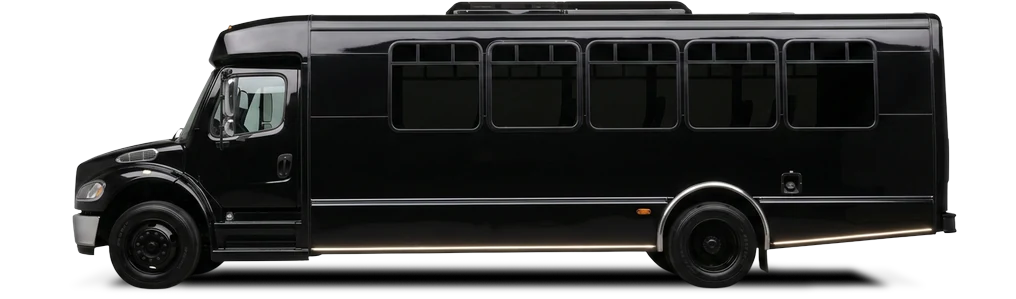 Black limousine party bus, side view