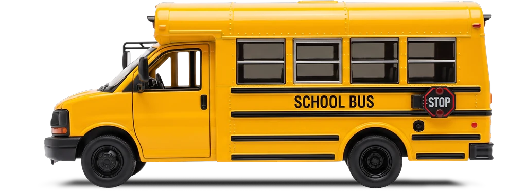 Short yellow school bus, side view