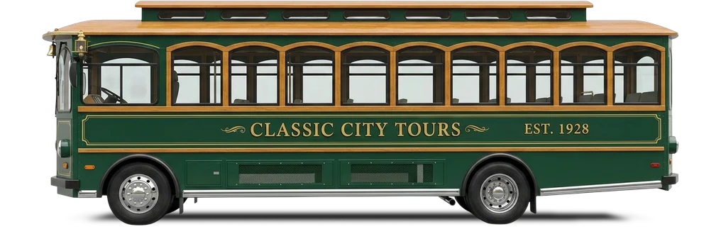 Green vintage-style trolley bus, side view