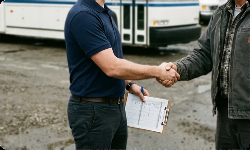 A BusesForSale.com representative shaking hands with a seller in front of a coach